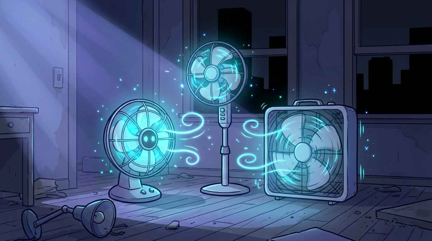 Three fans awaken in a dark, abandoned room