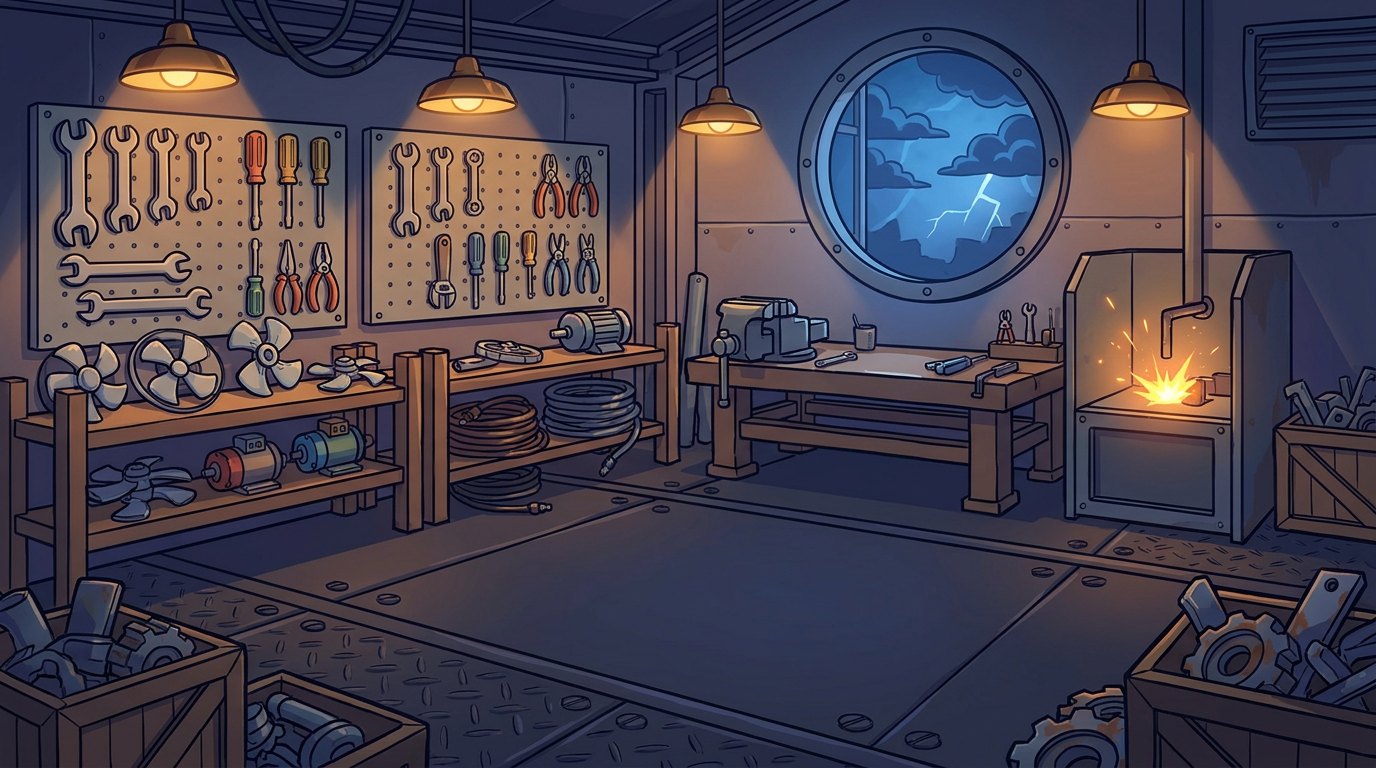 A warm workshop filled with fan parts, tools, and salvage