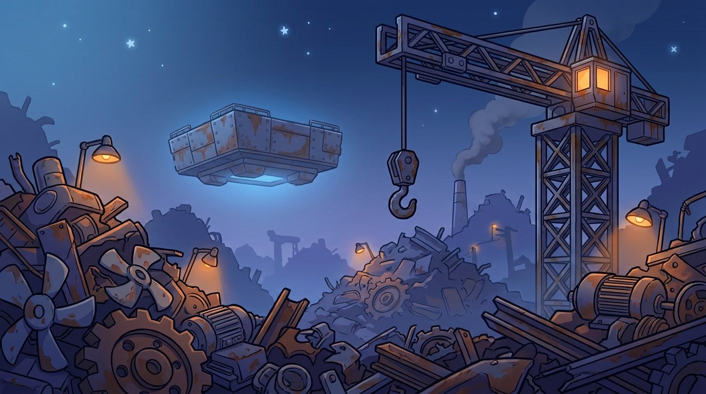 Scrap machinery under a stormy sky at the old foundries